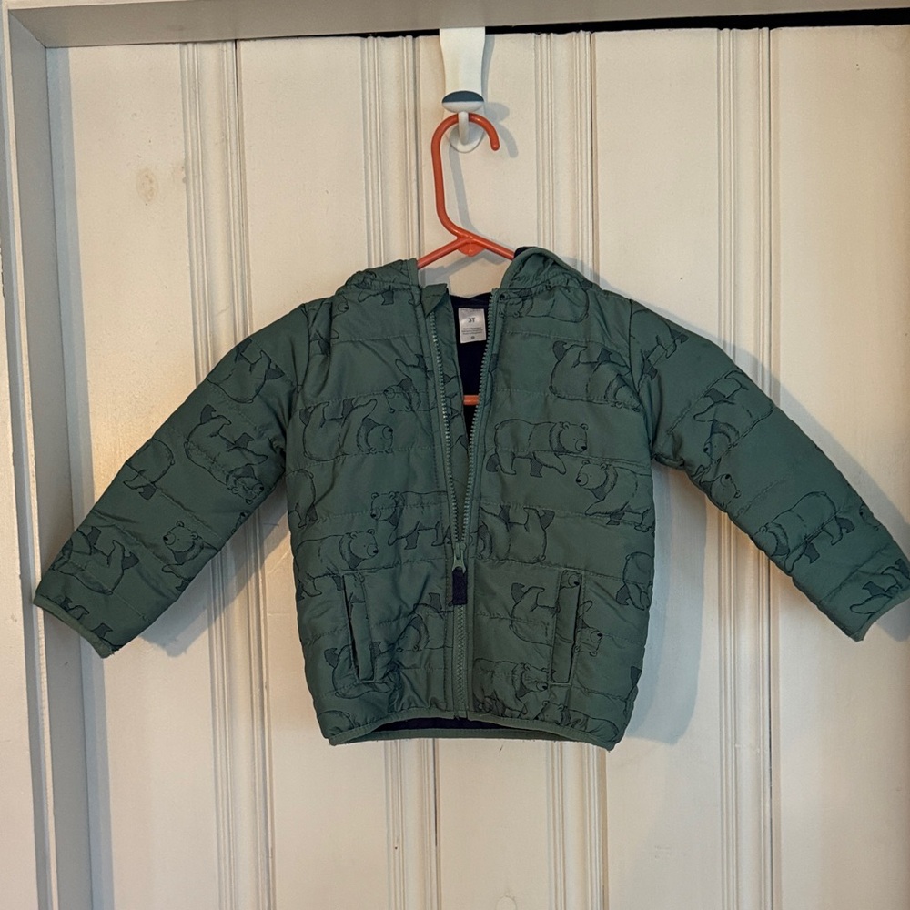 Kids Green Bear Pattern Puffer Jacket